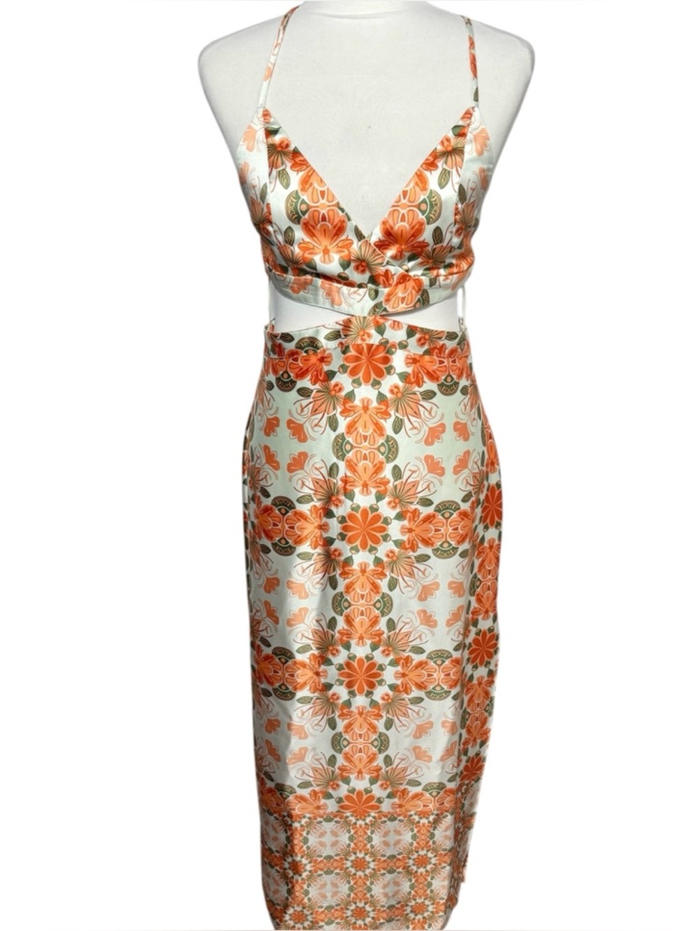 NWT House of Harlow 1960 Orange Floral Satin Cutout Midi Dress